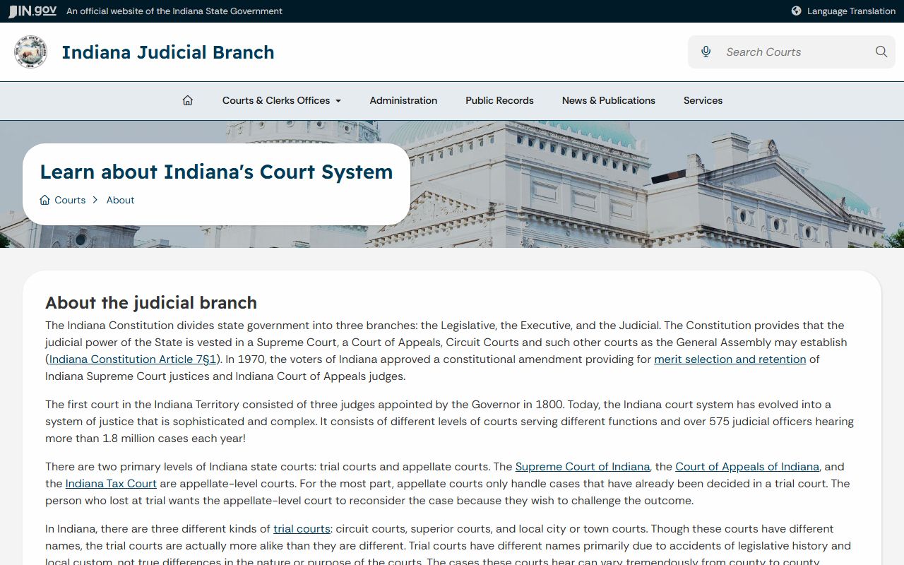 Indiana court system overview for trial and appellate courts