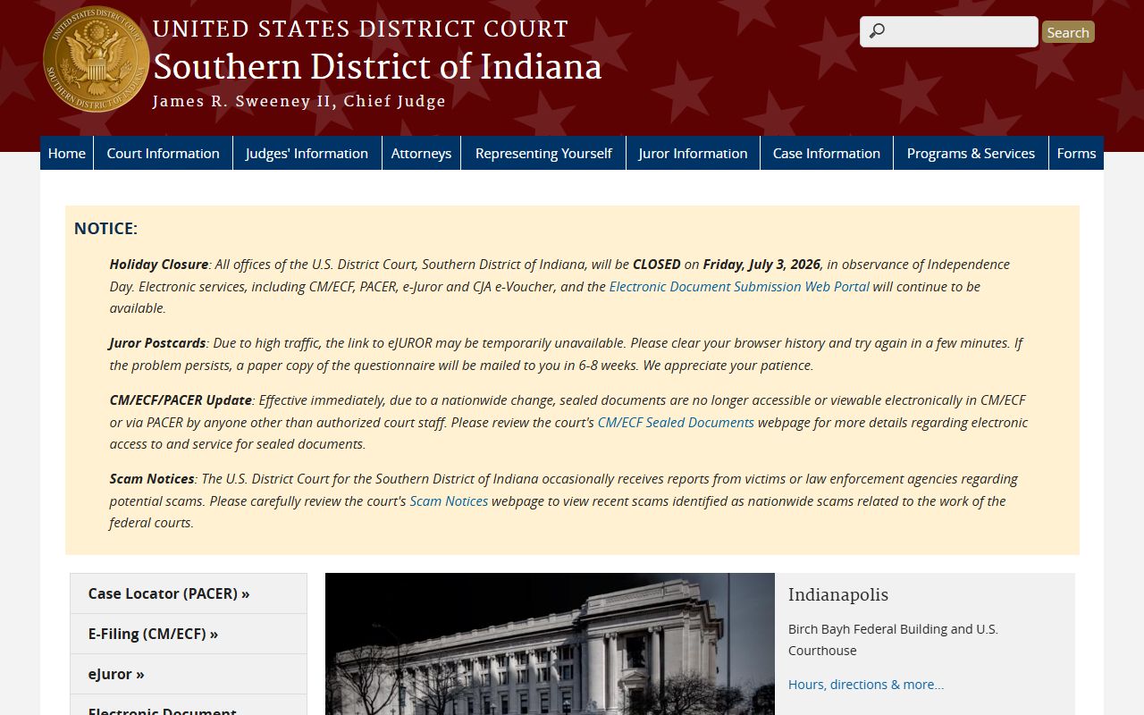 U.S. District Court for the Southern District of Indiana homepage