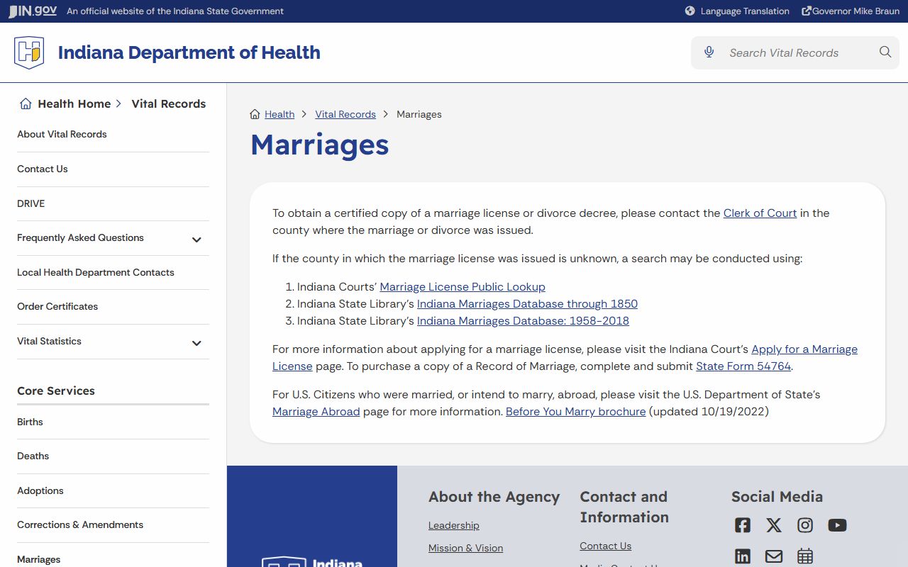 Indiana Department of Health marriage records page