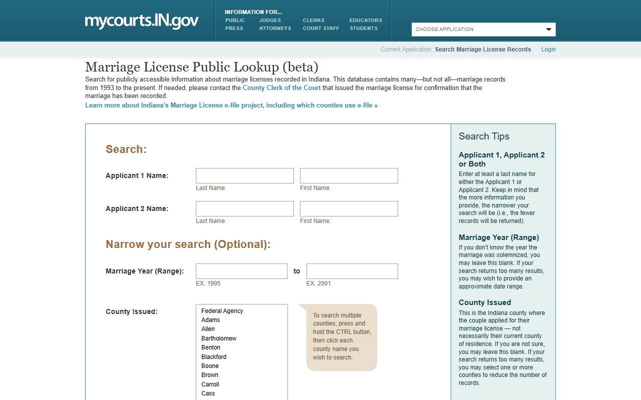 Indiana Marriage License Public Lookup portal