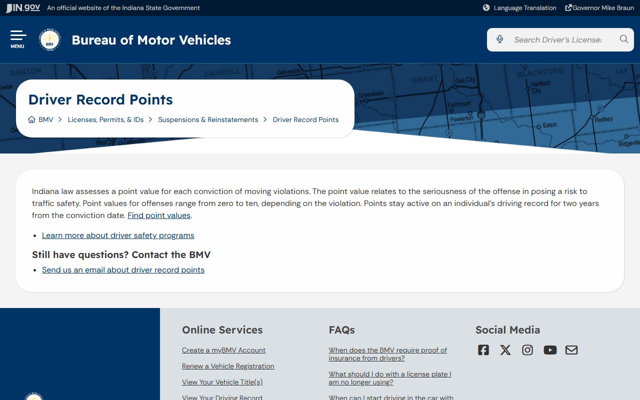 Indiana BMV driver record points information