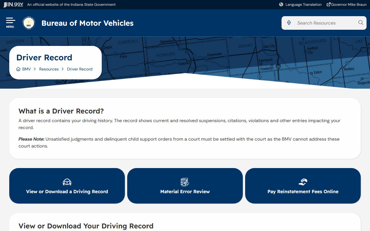 Indiana BMV driver record information page