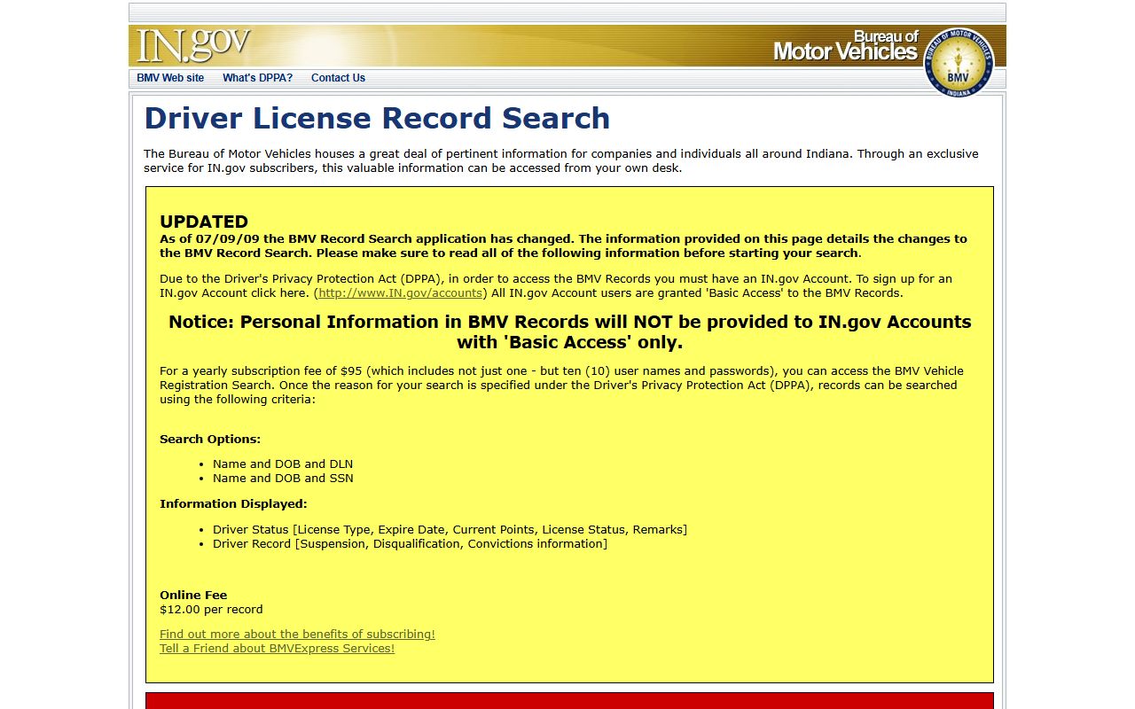 IN.gov BMV license records search